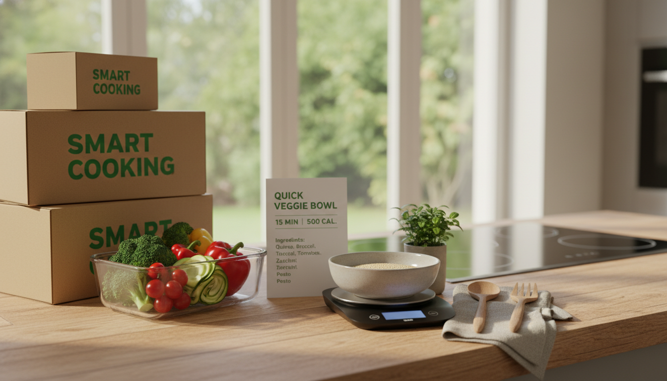 식비를 현명하게 줄이기 위해 깔끔하게 정리된 밀키트와 신선한 식재료가 놓인 주방 풍경