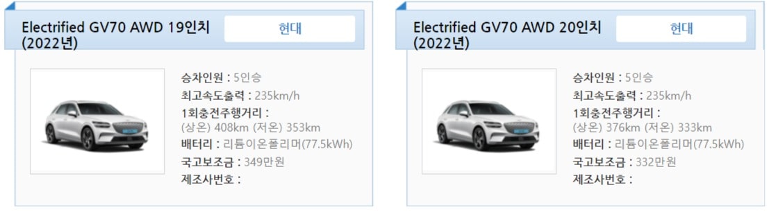 제네시스 GV70 전기차의 국고 보조금은 332~349만 원으로 확정됐습니다(출처 : 무공해차 통합누리집 캡처).