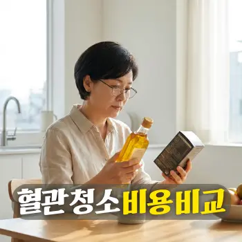 혈관 청소 비용 비교
50대 한국인 여성이 아침 햇살이 비치는 깨끗한 주방 식탁에 앉아, 맑은 생들기름 병과 고급스러운 영양제 패키지의 성분표를 진지하게 비교하며 읽고 있는 모습