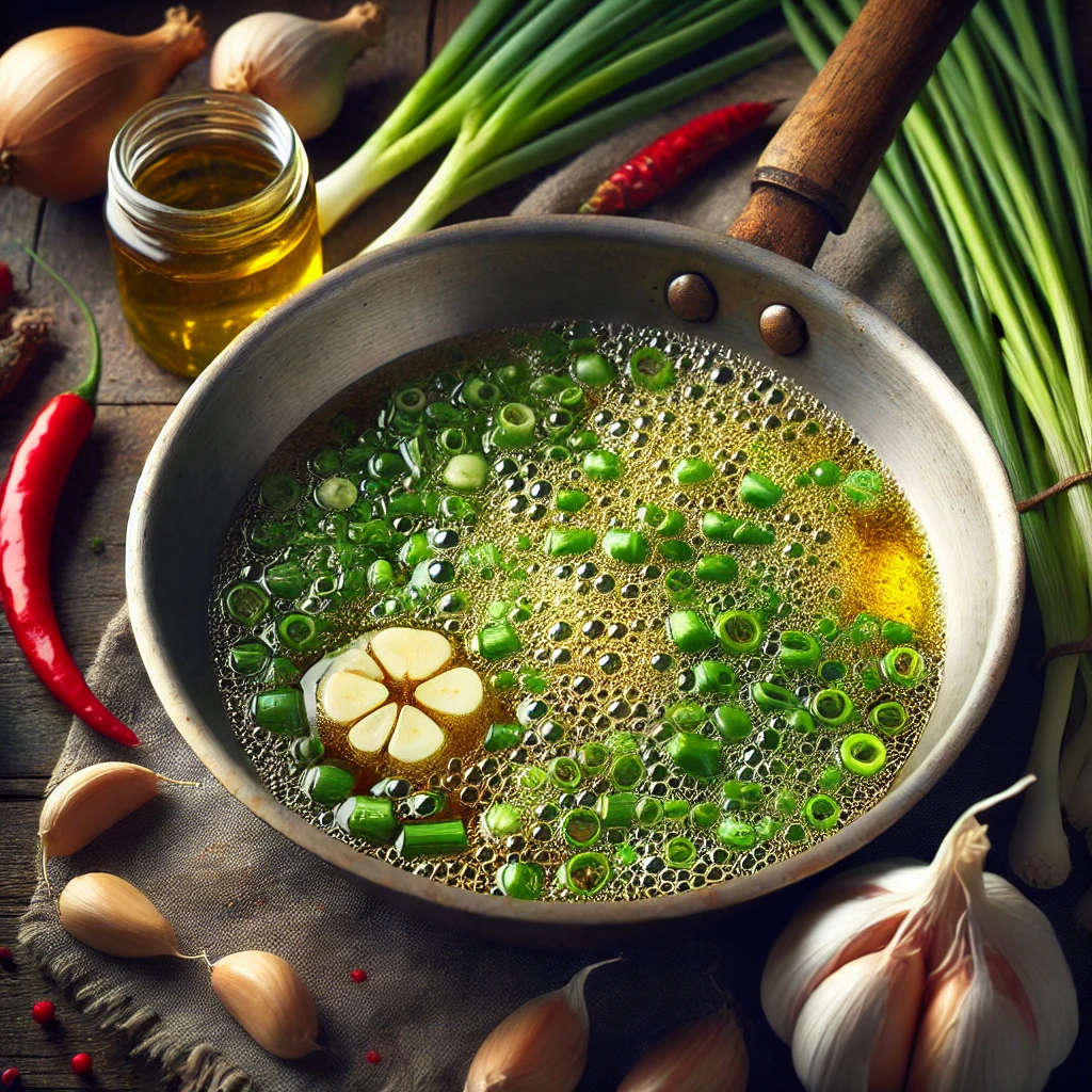 3️⃣ 향신료 넣어 풍미 내기
✔ 준비한 대파, 양파, 마늘, 생강, 통후추, 계피를 넣어주세요.
✔ 약불에서 천천히 튀기듯이 볶아주세요.