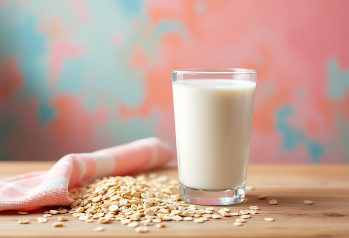 식탁 위 귀리 곡물과 함께 있는 신선한 귀리 우유 한 잔