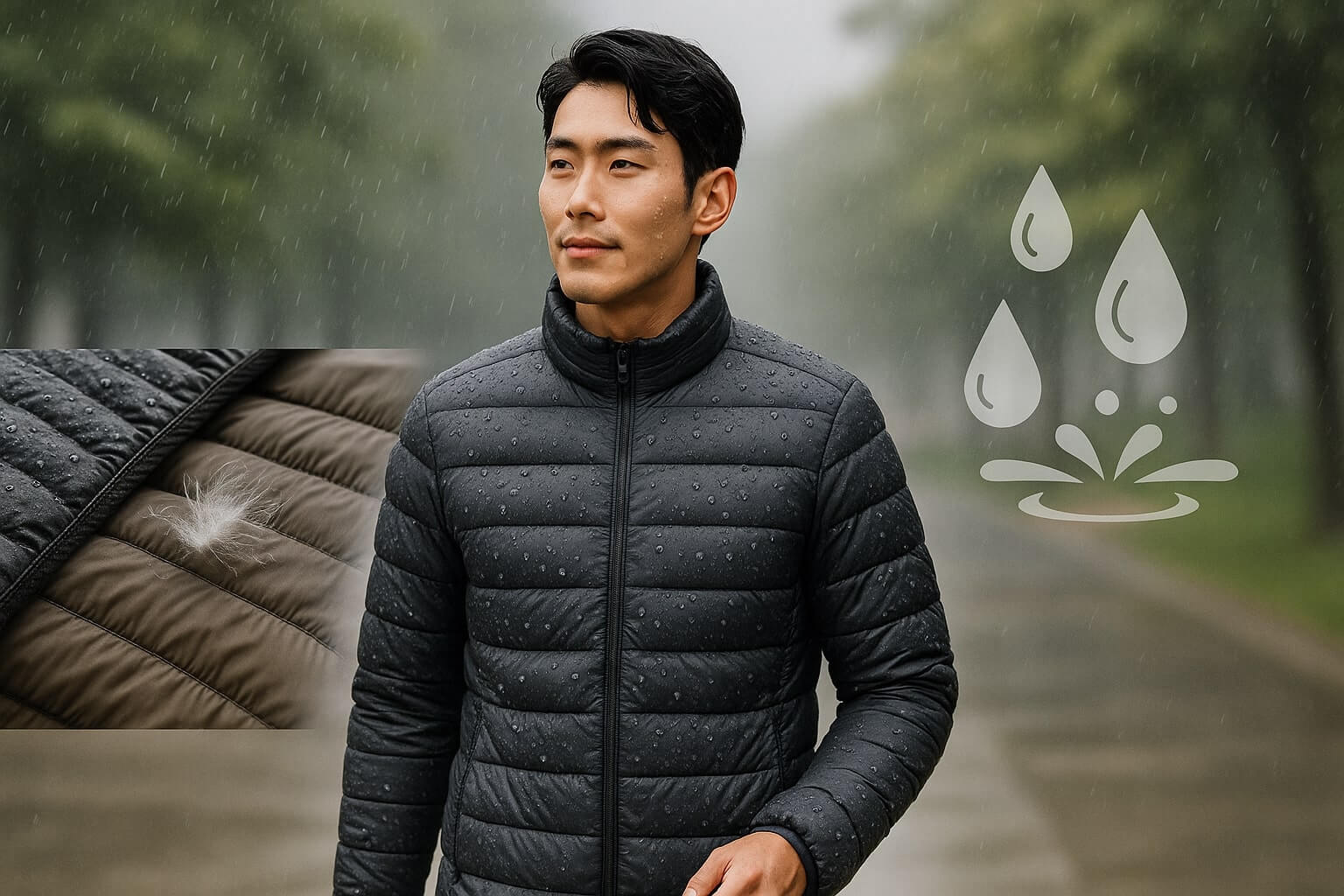 비 오는 날 신슐레이트 패딩을 입고 걷는 남성