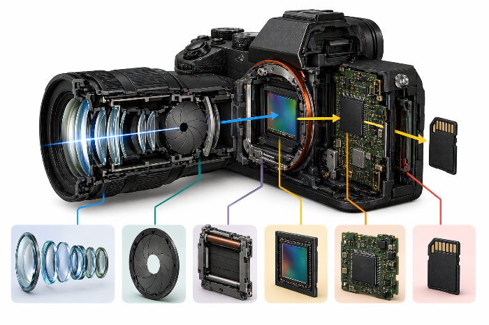 미러리스 카메라 내부 구조와 센서 작동 원리를 보여주는 단면 교육 이미지