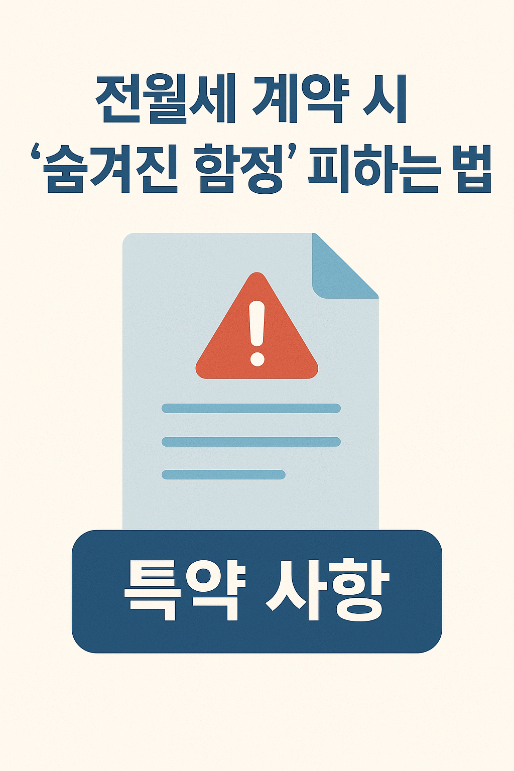 전월세 계약 시 ‘숨겨진 함정’ 피하는 법"이라는 제목이 상단에 진한 파란색 글씨로 적혀 있고, 아래에는 빨간색 경고 아이콘이 포함된 문서 일러스트가 배치되어 있음.
문서 하단에는 진한 파란 배경 위에 흰 글씨로 **‘특약 사항’**이라는 문구가 강조되어 있으며, 전월세 계약 시 주의해야 할 특별 조항의 중요성을 표현하는 구조