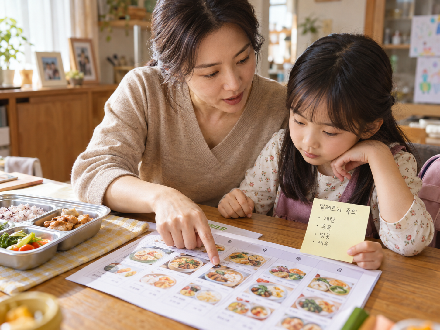학교 급식 식단표의 알레르기 표시를 아이와 함께 확인하는 부모