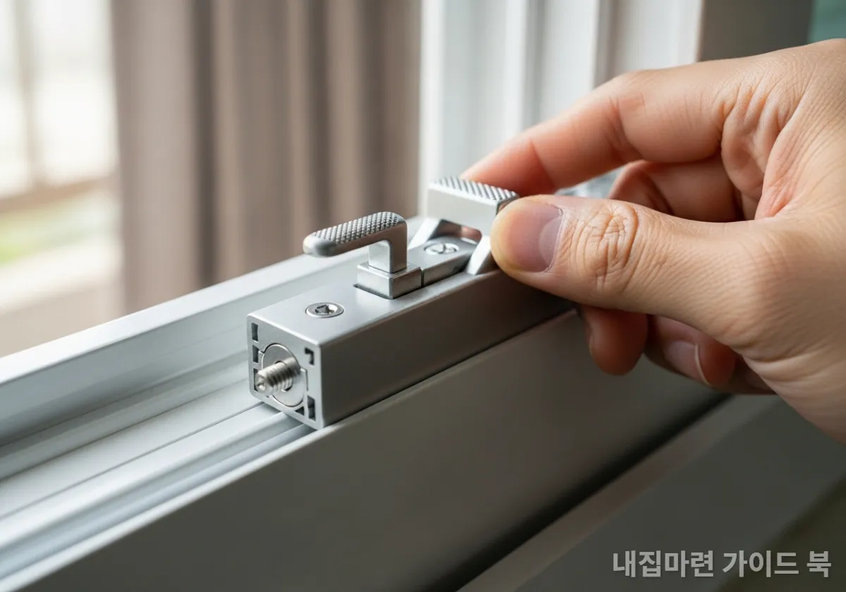 한국 아파트 창문 틀에 설치하는 레일형 창문 잠금장치 클로즈업