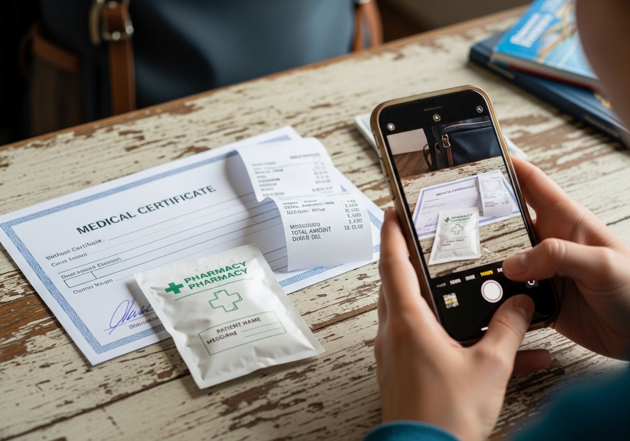 영문 진단서와 진료비 영수증, 약 봉투를 함께 스마트폰으로 촬영하는 여행자의 모습