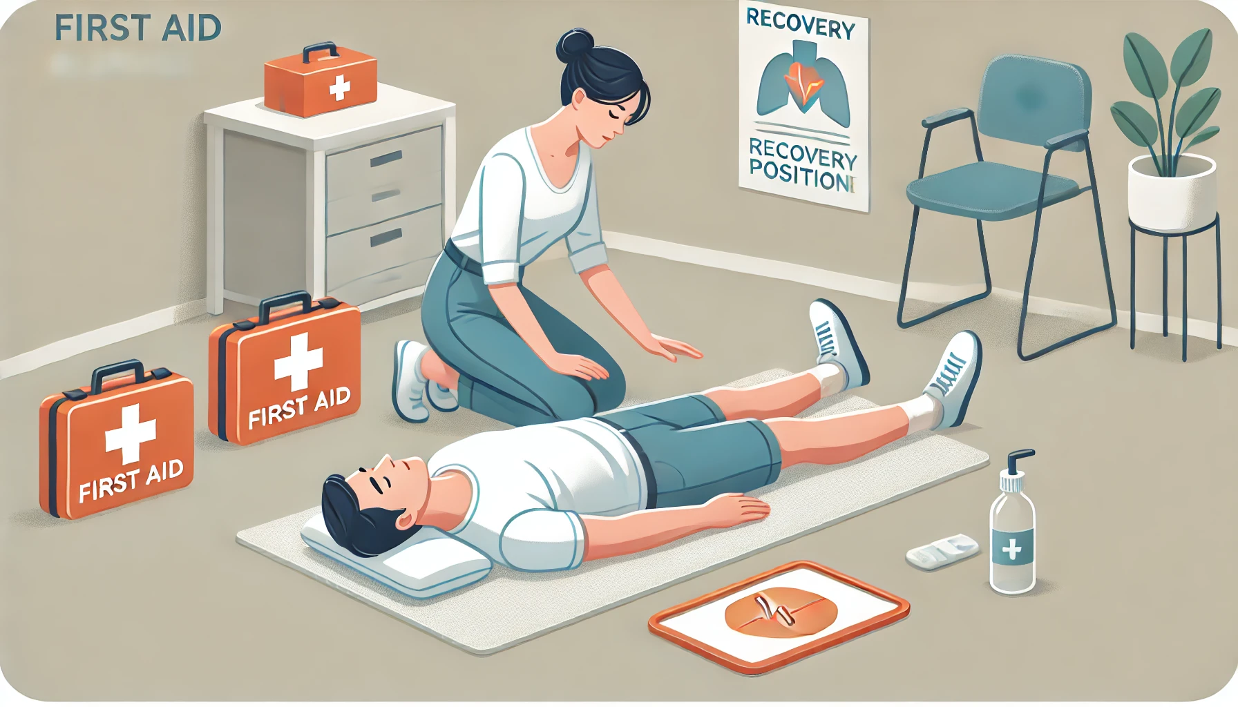 발작 응급처치 중 회복자세로 옆으로 누운 사람과 도움을 주는 침착한 주변인 모습