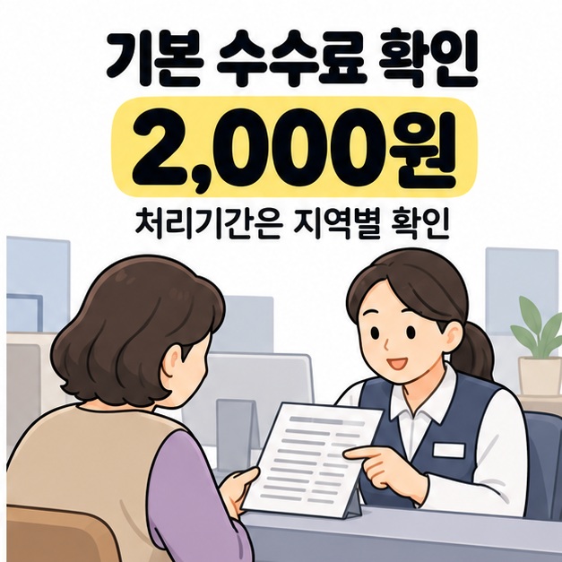 기본 수수료 2,000원과 처리기간은 지역별 확인 문구 아래 민원인이 창구 직원과 안내문을 살펴보는 모습