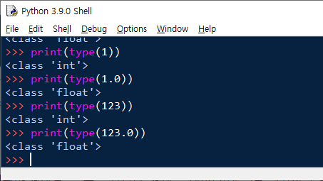 type 함수를 통해 정수형과 실수형 자료형의 차이를 알아보는 예제, 1과 1.0 그리고 123과 123.0은 서로 다른 자료형으로 처리됨