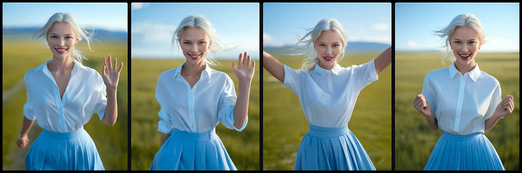 Midjourney OREF 활용, 푸른 들판에서 활짝 웃으며 바람과 햇살을 즐기는 듯한 활기찬 여성 인물 전신 이미지_Midjourney