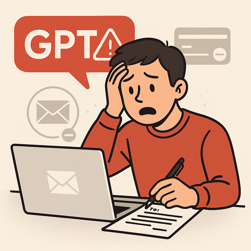 GPT-결제-오류로-당황한-사용자가-이메일을-작성하고-있는-일러스트