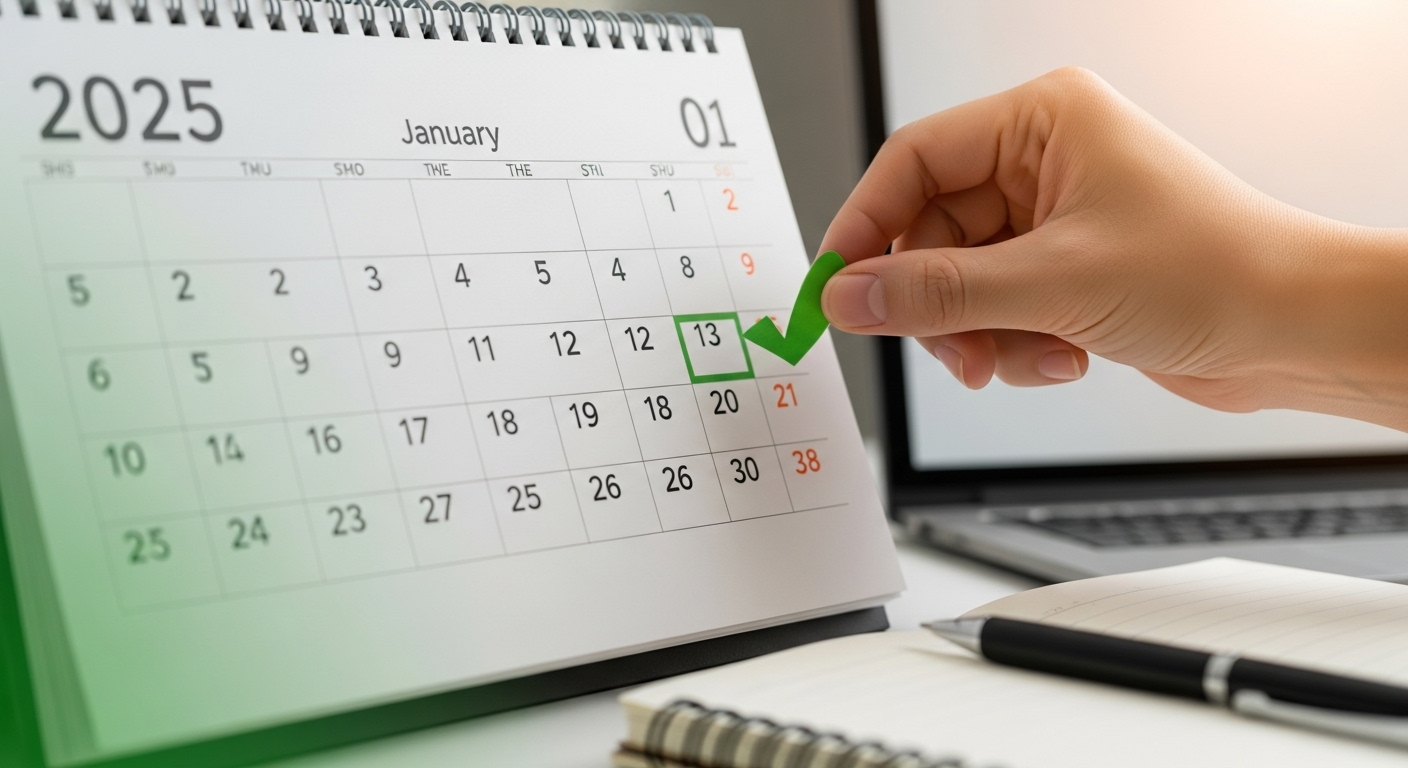 2025년 1월 1일이 표시된 달력에 체크표시가 되어 있어, 화성시 가다실 9가 지원 신청 시작일을 나타냅니다.