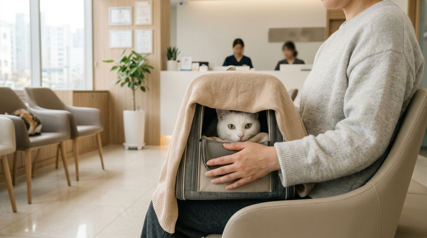 동물병원 대기실의 이동장 안에 있는 고양이