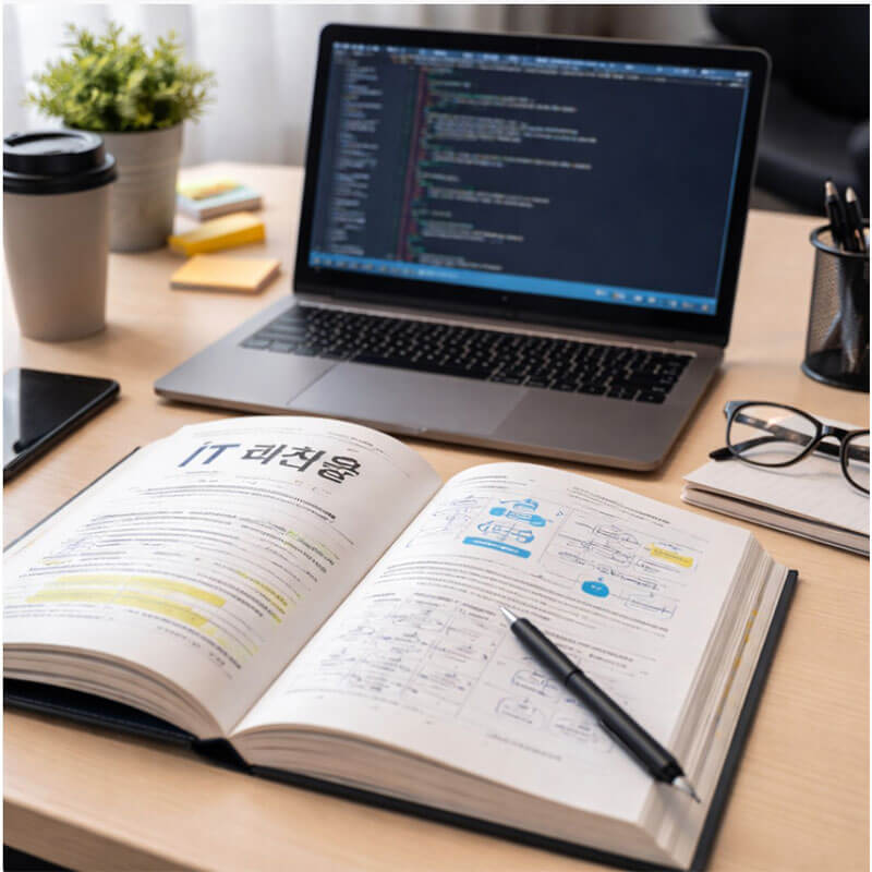 노트북을 켜 두고 IT 자격증 교재를 펼쳐 놓은 직장인의 책상 위 모습