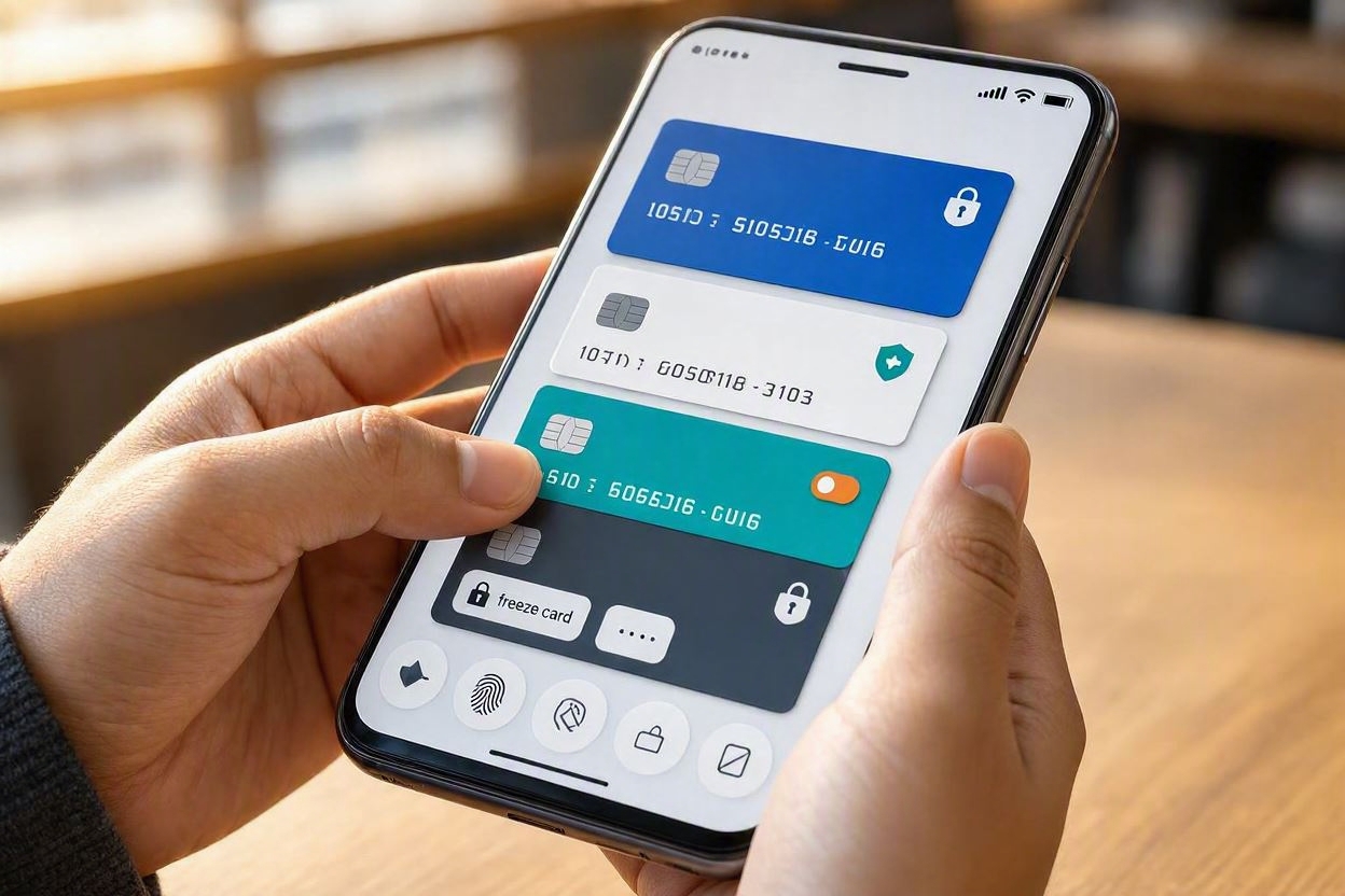 A mobile banking app screen showing virtual payment cards and security controls.