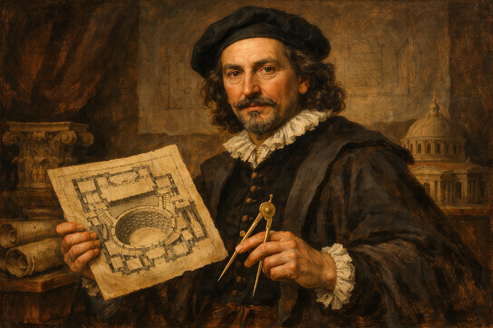 무대 평면도와 컴퍼스를 들고 있는 17세기 이탈리아 건축가의 초상화 스타일 이미지다.
