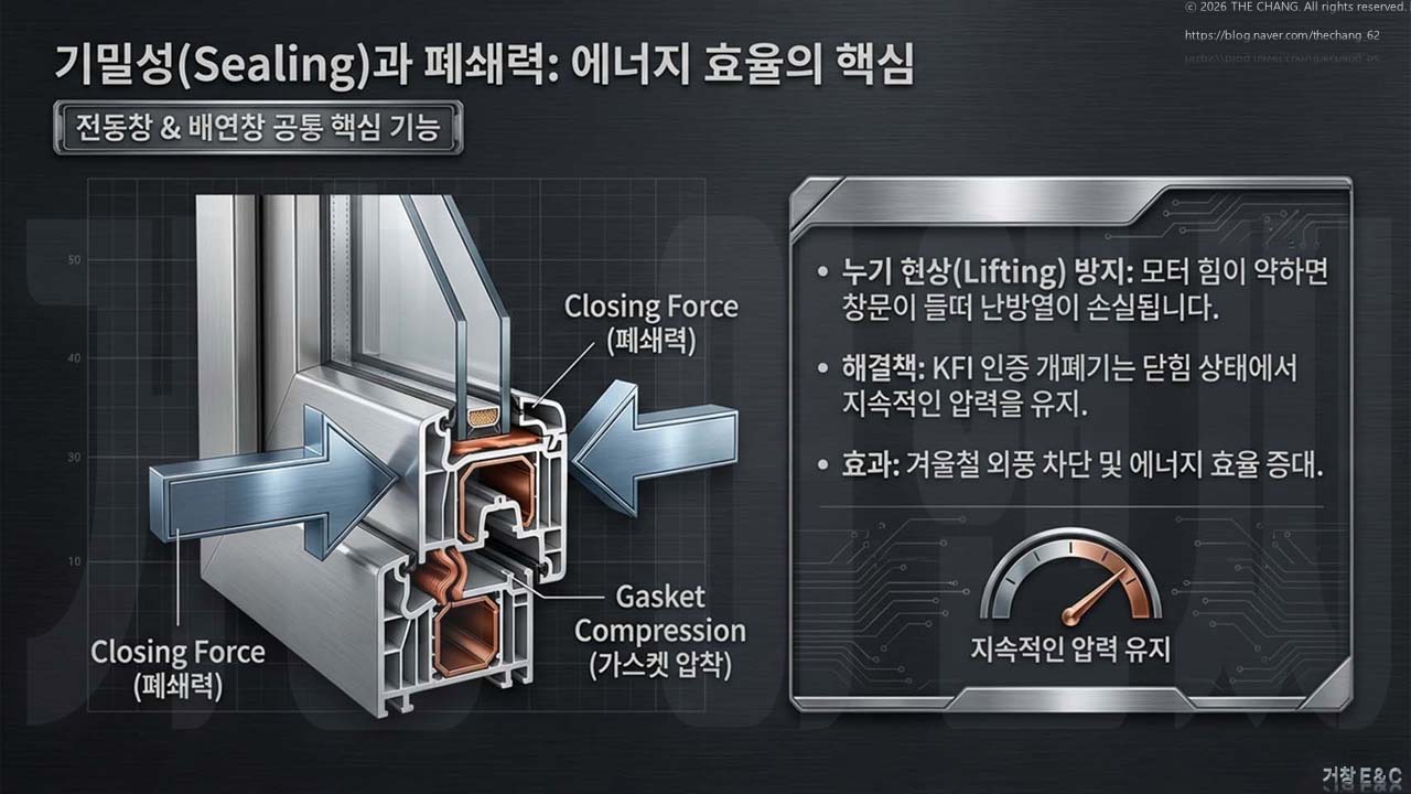 창문 들뜸(Lifting) 방지 및 기밀성 유지를 위한 개폐기 폐쇄력 강조