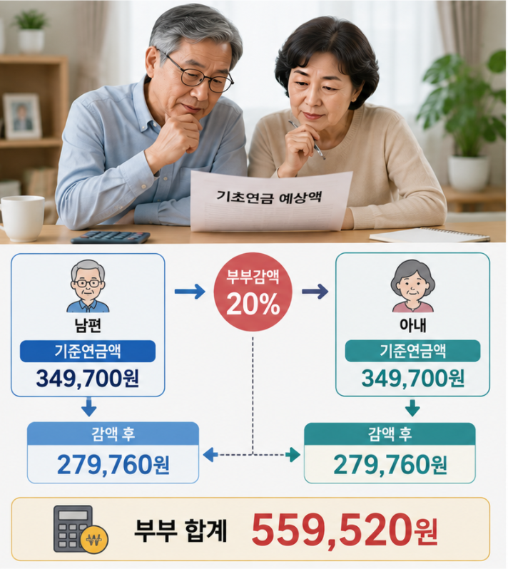 부부 기초연금 349700원에서 각각 20퍼센트 감액해 279760원이 되는 계산 구조