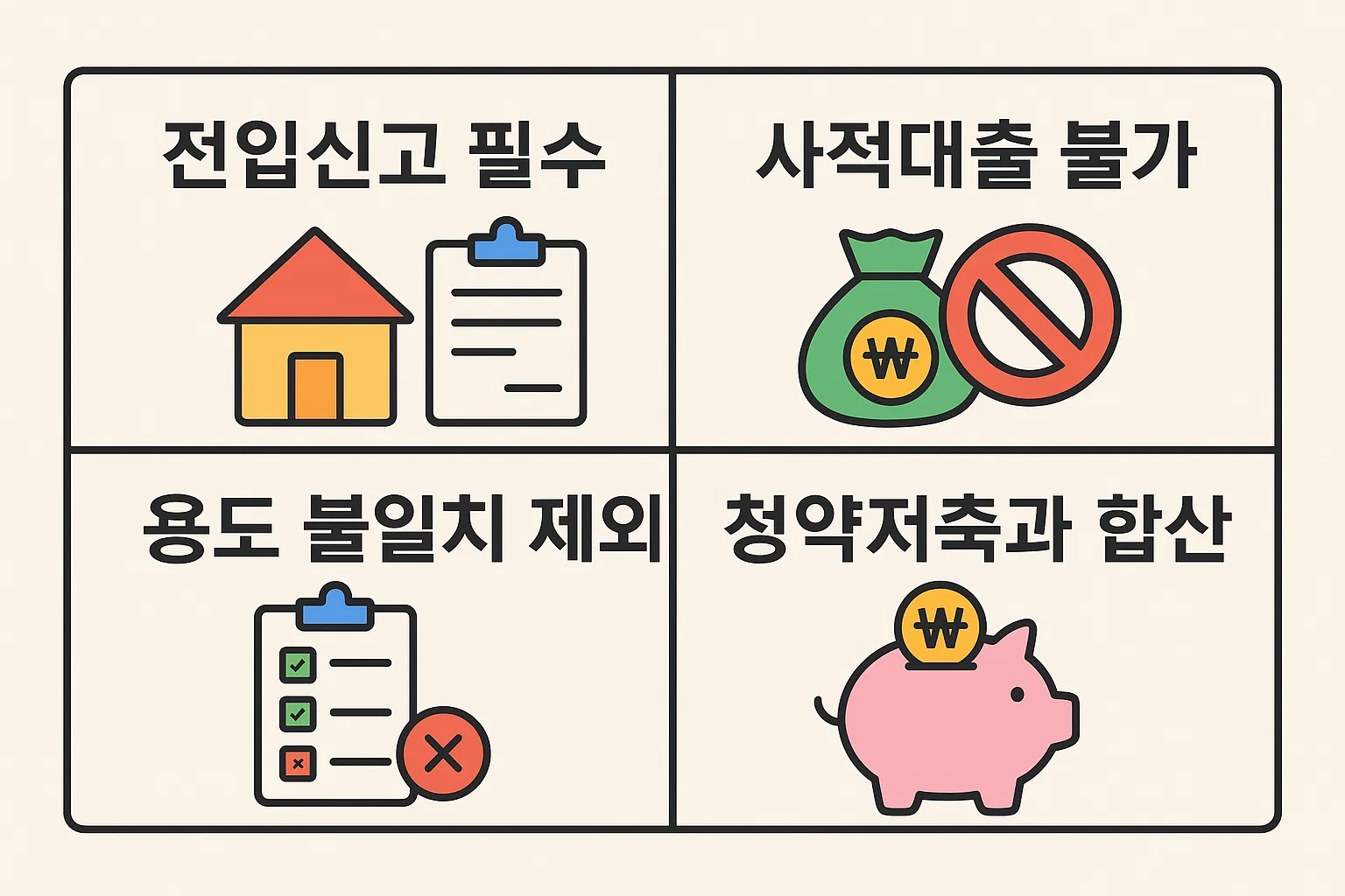전세자금대출 이자연말정산에서 전입신고 필수 요건, 사적대출 불가, 용도 불일치 제외, 청약저축 합산 조건을 정리한 체크리스트 인포그래픽