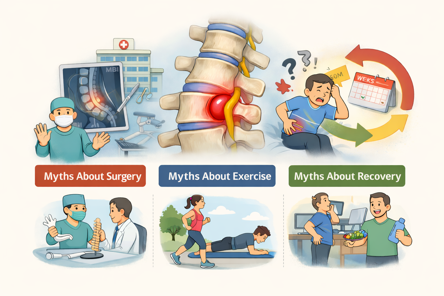 허리디스크로 신경 압박이 발생한 척추 그림과 함께 수술에 대한 오해, 운동에 대한 오해, 회복 과정에 대한 오해를 직관적으로 표현한 건강 정보 인포그래픽