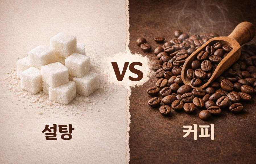 alt="설탕과 커피가 함께 놓인 대비 이미지"
