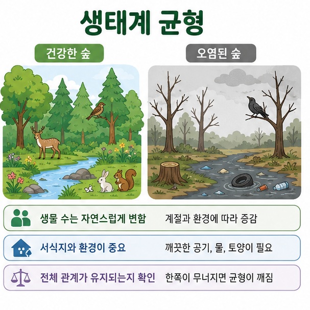 생태계 균형은 모든 생물의 수가 고정되는 것이 아니라 변화 속에서도 전체적인 관계가 유지되는 상태라는 내용을 표현한 이미지