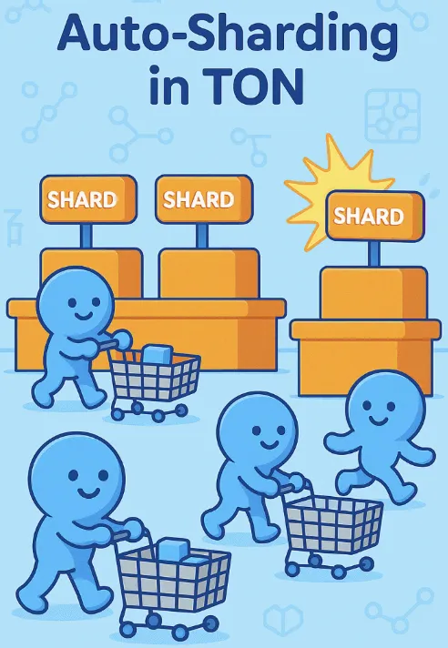 ‘Auto-Sharding in TON’이라는 제목 아래, TON 캐릭터들이 장바구니를 밀고 계산대 앞에 줄을 서 있다가 새로운 계산대(Shard)가 자동으로 생성되어 분산되는 모습을 담은 픽사풍 2D 일러스트. 이 이미지는 TON 블록체인의 샤딩 기술을 계산대 비유로 직관적이고 유쾌하게 표현하며 블로그의 샤딩 및 병렬 처리 구조 설명 섹션과 관련된 내용을 전달함 (ton sharding, auto-scaling, parallel processing)