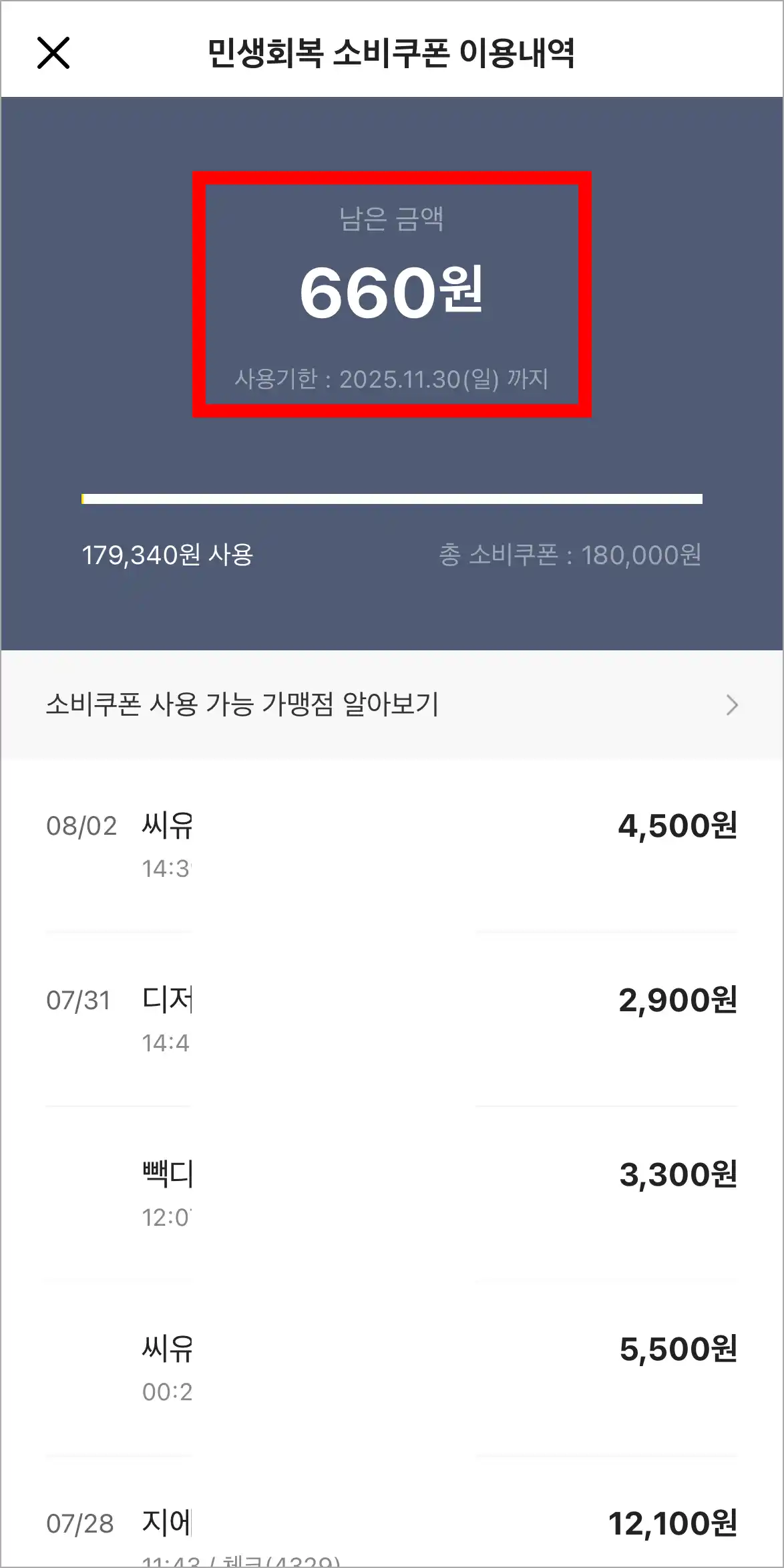 민생회복 소비쿠폰 이용내역 메뉴에 조회되는 잔액을 확인