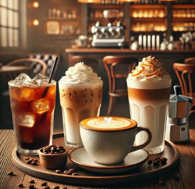 아메리카노, 카페라테, 카푸치노, 마키아토가 나란히 놓여 있는 그림