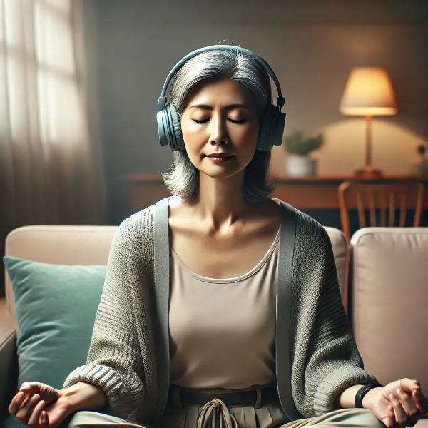조용한 방에서 헤드폰을 착용한 채 눈을 감고 깊은 호흡 명상을 실천하며 평온한 표정을 짓고 있는 동양인 중년 여성의 초고해상도 사진