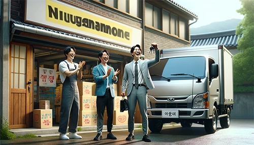 가게 앞에서 새 트럭을 사고 좋아하는 직원과 사장 모습