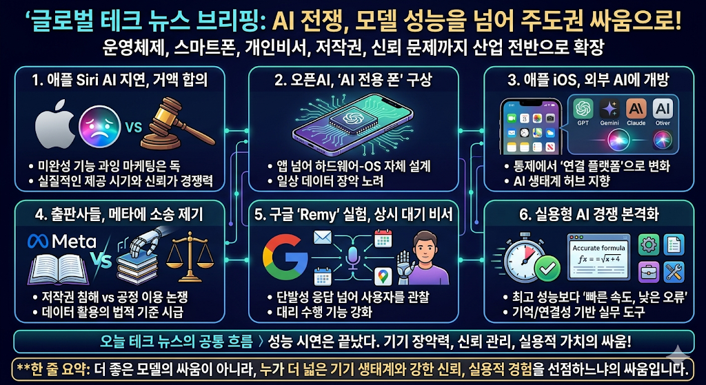 애플, Siri AI 지연 및 iOS를 외부 AI 모델에 개방, 오픈AI의 AI 폰 구상, 출판사들의 메타 소송, 구글의 Remy 실험, GPT-5.5 Instant 기본 모델화