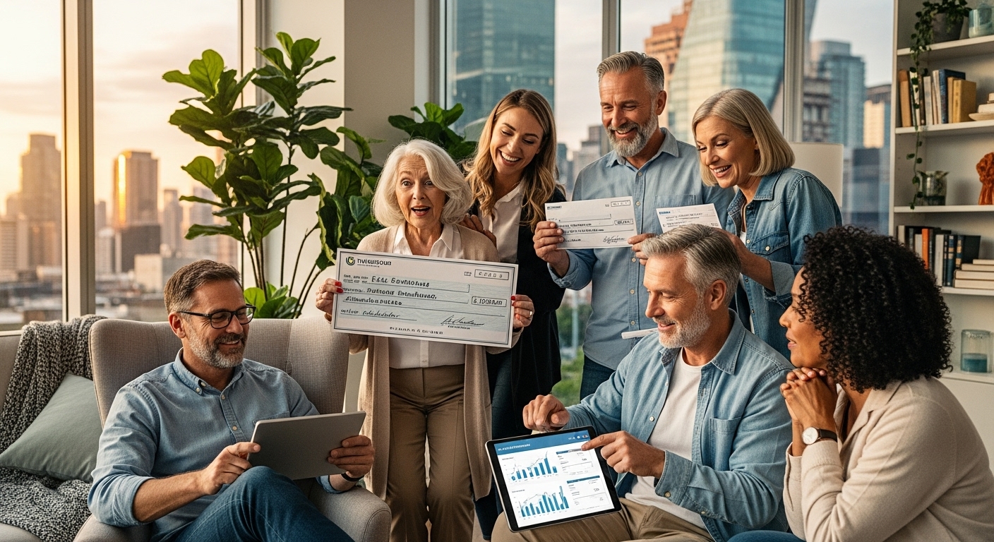 배당주와 리츠 투자로 꾸준한 현금 흐름을 확보하여 만족스러운 표정을 짓는 사람들.