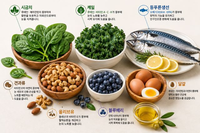 시금치와 케일, 생선 등 다양한 식품이 놓인 모습