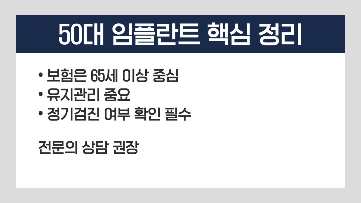 50대 임플란트 비용과 보험 기준, 유지관리 중요성을 요약한 카드뉴스. 장기 관리와 사후 시스템 확인 핵심.