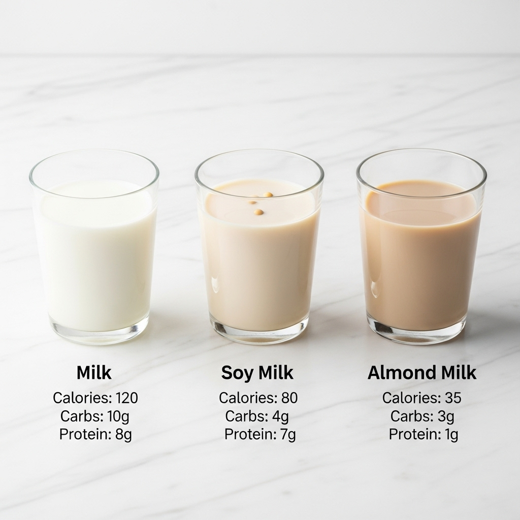 유리잔에 담긴 우유, 두유, 아몬드유 세 잔을 나란히 놓고, 각 잔 아래에 핵심 영양성분(칼로리, 탄수화물, 단백질)을 비교하는 인포그래픽