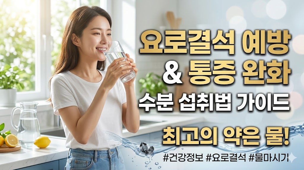 깨끗한 물을 마시는 여성의 모습과 요로결석 예방 및 통증 완화를 위한 수분 섭취법 가이드 문구가 담긴 대표 썸네일 이미지