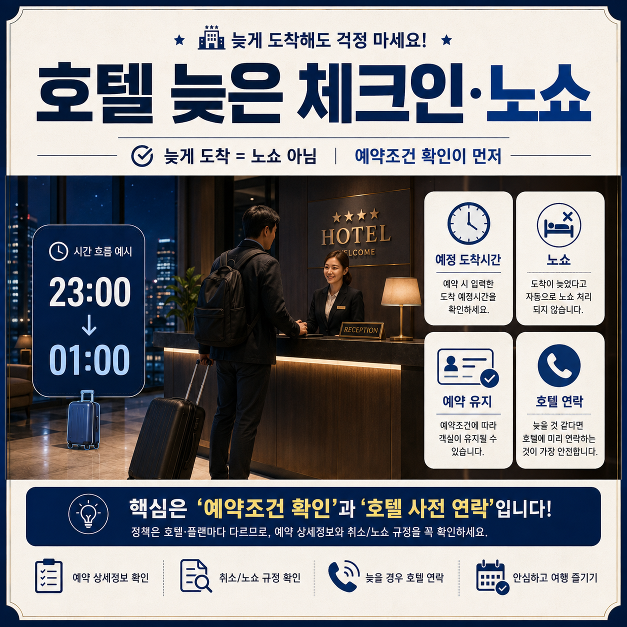 2026 호텔 늦은 체크인 노쇼 예정 도착시간 예약 유지 방법을 설명한 대표 이미지