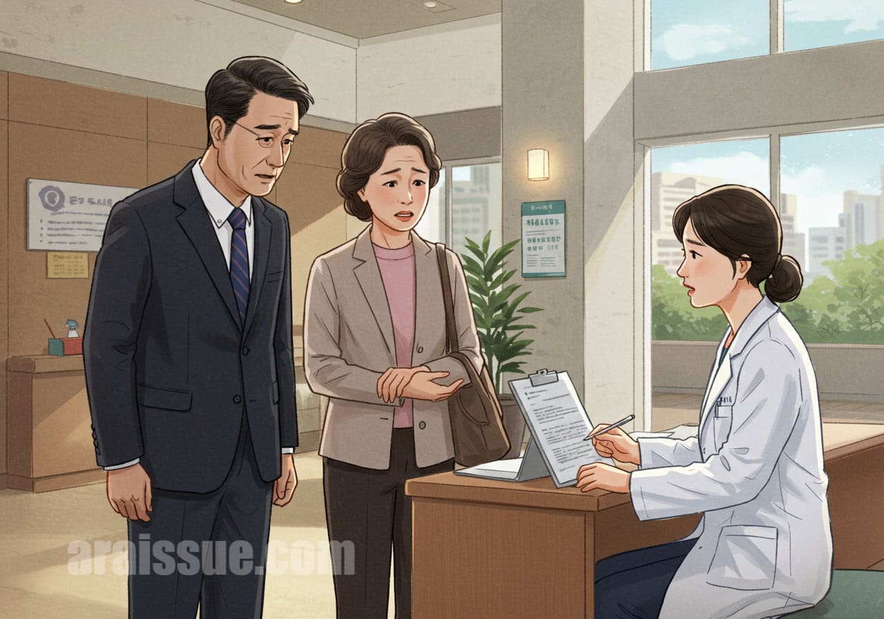한국 중년 남녀가 병원 로비에서 정책 변화에 대해 의사와 상담하는 장면입니다. 걱정과 현실적인 반응이 표현된 일러스트입니다.