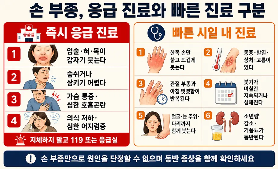 손 부종과 함께 나타나는 호흡곤란&middot;입술과 혀 부기 등 즉시 응급 진료 신호와 한쪽 손 열감&middot;통증&middot;반복 부종 등 빠른 진료 신호 비교 이미지