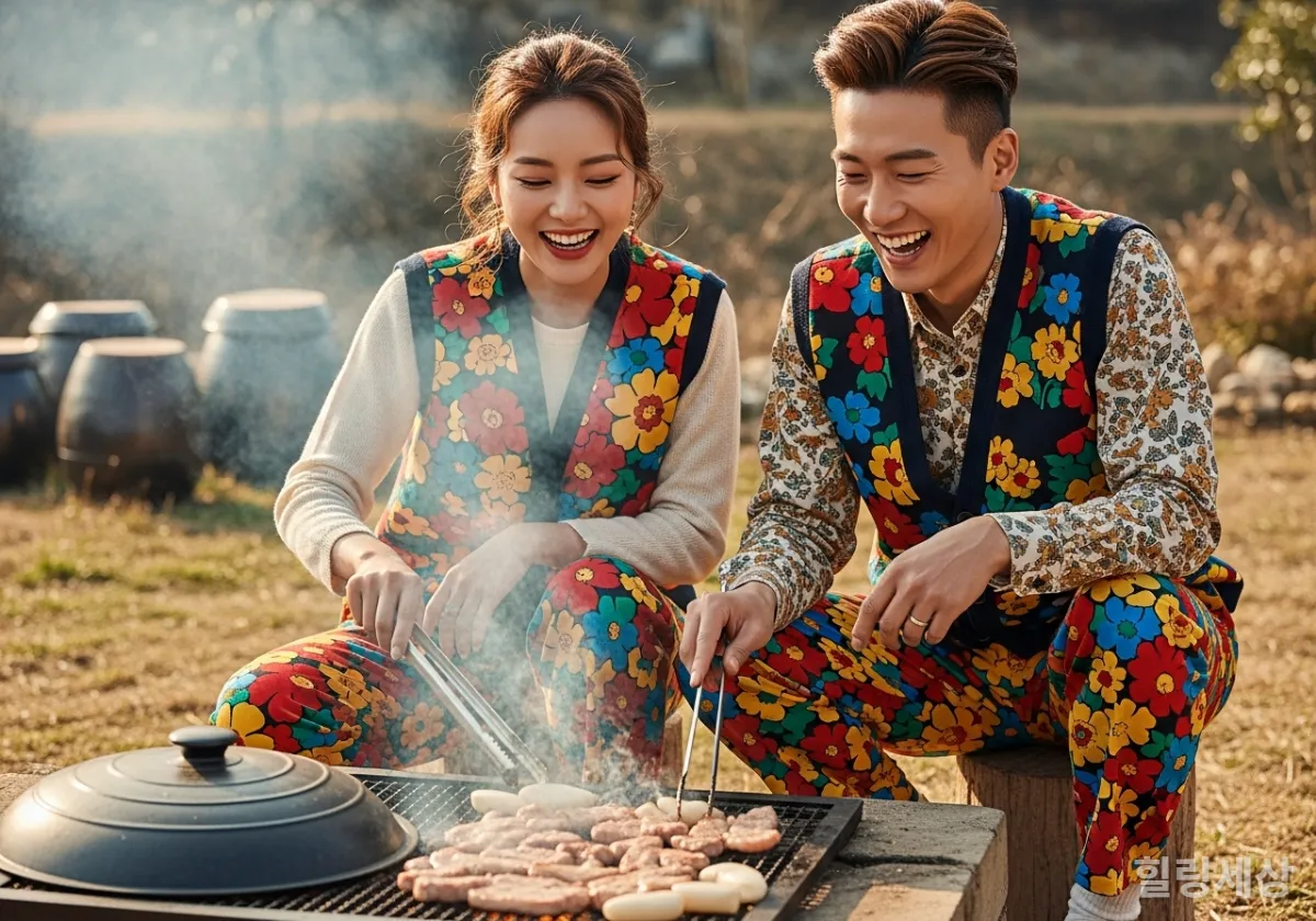 촌캉스 패션을 입고 솥뚜껑 삼겹살을 즐기는 한국 커플