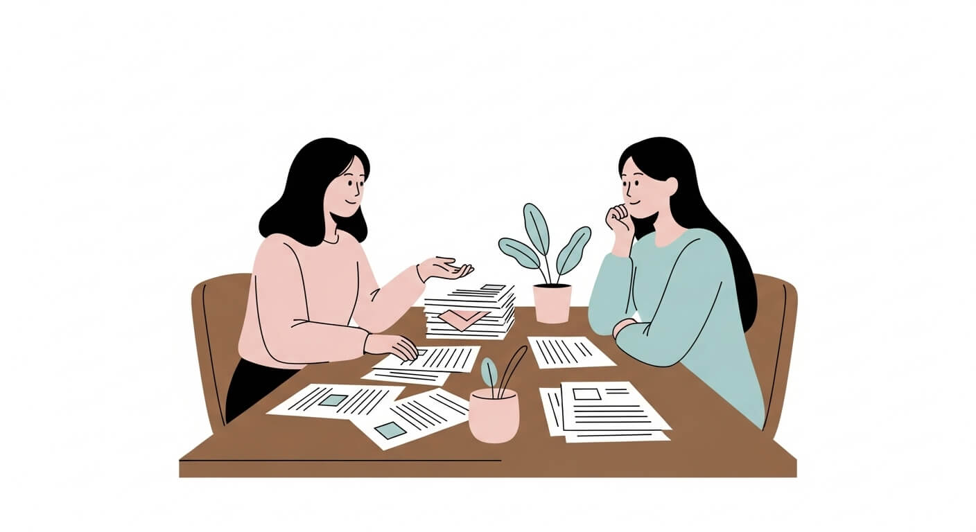 상담사가 신청자와 책상 건너 마주 앉아 Q&A 상담을 진행하는 장면 3
