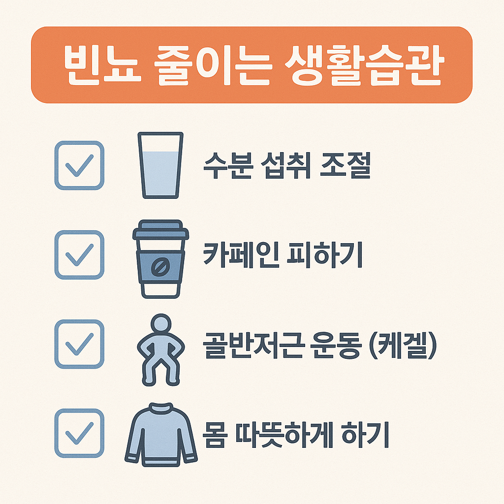 빈뇨 완화를 위한 생활습관 인포그래픽 - 수분 조절, 커피 피하기, 케겔운동, 체온 유지 팁