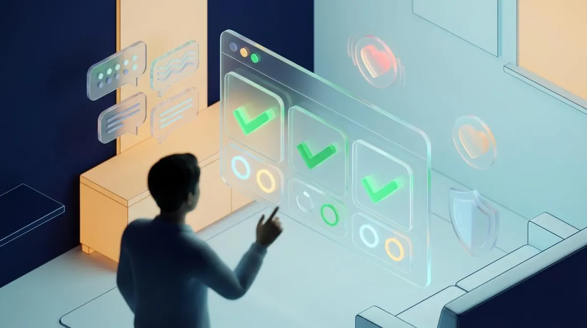 챗GPT를 활용한 자녀 소통 체크리스트를 시각화한 3D 인포그래픽 이미지. 부모가 입체적인 체크 항목과 대화 아이콘들을 확인하며 소통 전략을 점검하는 모습