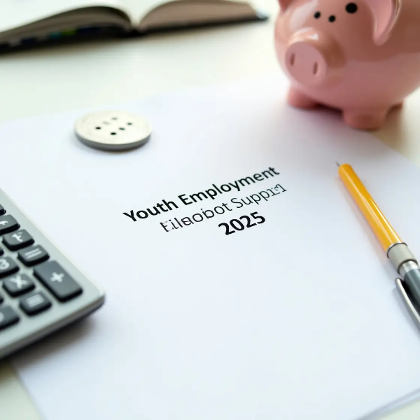 청년 취업 지원금 관련 신청서, 계산기, 펜, 돼지저금통이 책상 위에 깔끔하게 배치된 스튜디오컷