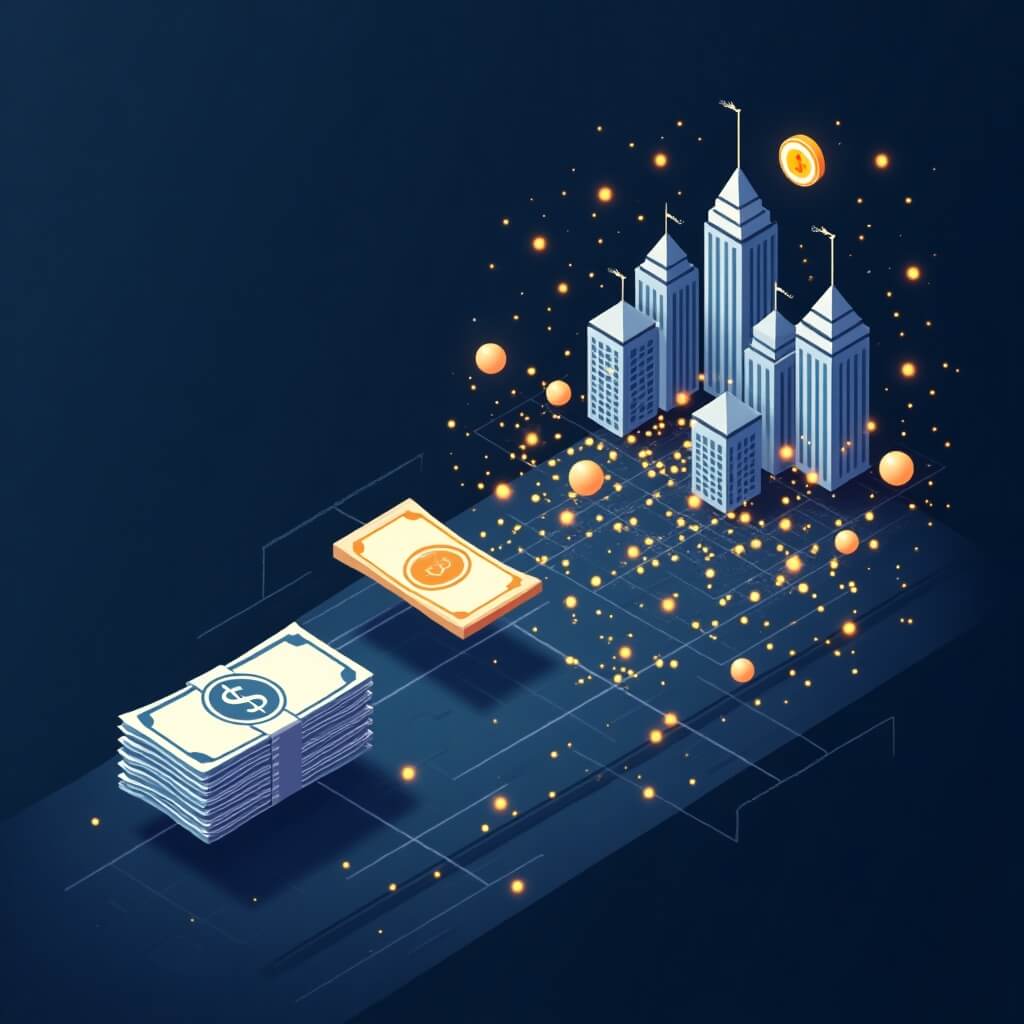 미국 RWA 토큰화: 실물 달러와 미국 국채 같은 전통 자산이 디지털 입자로 분해되어 블록체인 토큰과 DeFi 인프라로 이어지는 3단 구조를 보여주는 일러스트. 미국 RWA 토큰화로 실물 자산이 온체인 유동성 파이프라인으로 전환되는 과정을 시각화함 (US RWA tokenization, real-world asset to DeFi)