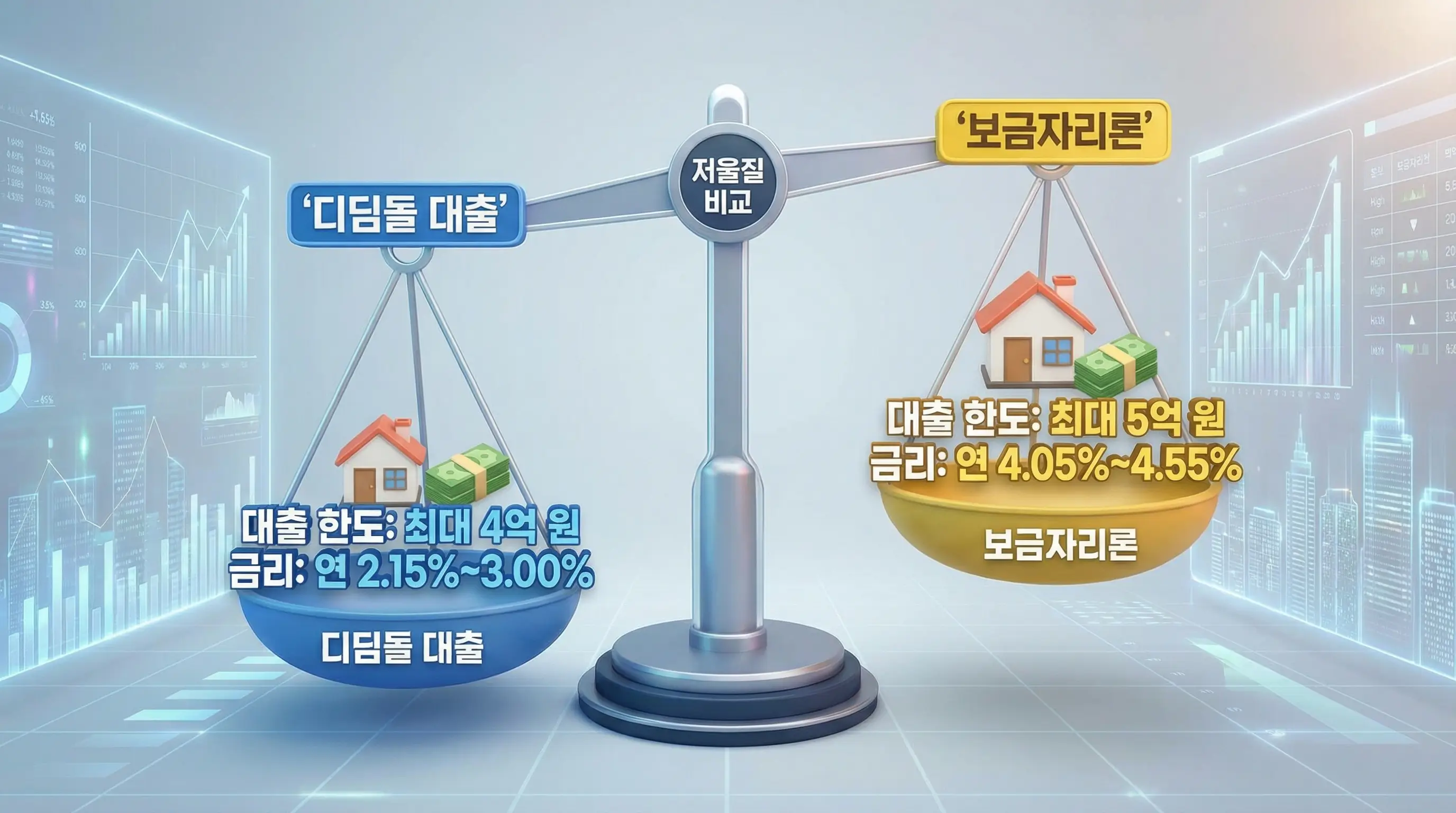 디딤돌 대출과 보금자리론의 대출 한도와 금리 조건을 저울질하며 비교하는 3D 인포그래픽