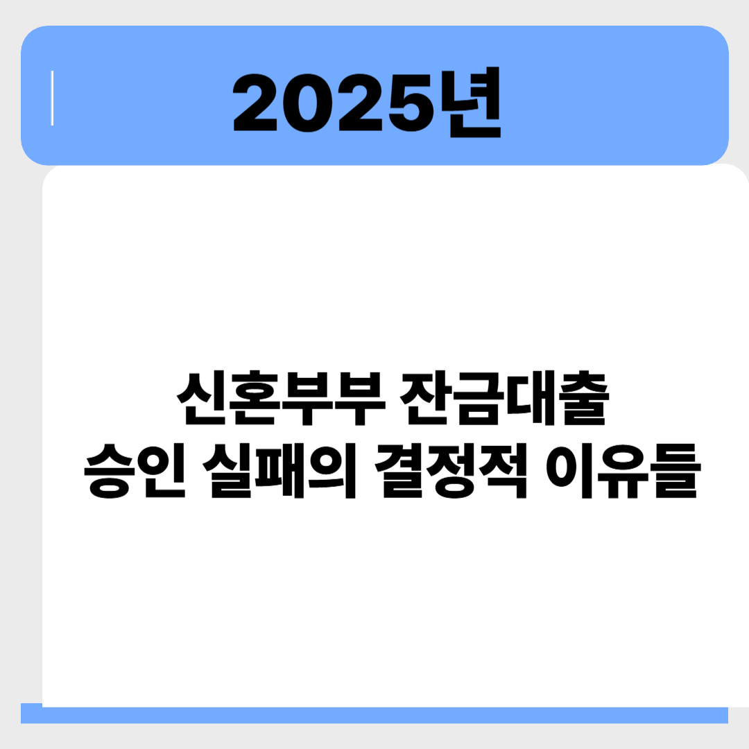 # 신혼부부 잔금대출, 왜 갑자기 거절당했을까? 승인 실패의 결정적 이유들

## 2025년 달라진 대출 규정, 신혼부부에게 어떤 영향을 주고 있나요?

신혼부부에게 가장 큰 기쁨 중 하나인 내 집 마련, 하지만 잔금대출 승인이 거절되면 상황은 정반대로 바뀝니다. 최근 2025년 들어 금융 규제와 대출 정책 변화가 겹치면서 잔금대출 승인 실패 사례가 증가하고 있습니다. 본 글에서는 실제 거절 사유를 바탕으로 신혼부부가 반드시 체크해야 할 항목들을 짚어보고, 사전 대비 방법까지 안내드립니다.

---

### 대출 한도 조기 소진… 신청 자체가 막히는 상황

최근 일부 은행에서 정책자금 대출 한도가 빠르게 소진되고 있습니다.
2024년 중반부터 시작된 이 현상은 2025년에도 지속 중이며,
잔금일이 2025년이더라도 2024년 신청이 불가능했던 사례가 계속 늘고 있습니다.
정책자금(디딤돌, 버팀목) 대출의 예산이 선착순으로 배정되기 때문에
은행 자체적으로 신규 상담조차 막는 상황도 벌어집니다.
신혼부부는 청약 전에 반드시 정책자금 잔여 여부를 확인해야 합니다.

---

### 주택담보대출 규제, 한도 6억 원으로 제한

2025년부터 주택담보대출 한도가 일괄적으로 6억 원으로 제한되었습니다.
또한, 대출 만기도 40년에서 30년 이내로 줄어들면서 월 상환 부담이 커졌고,
이에 따라 기존보다 대출 심사가 훨씬 까다로워졌습니다.
고소득자라 해도 LTV, DSR 등 복합 규제에 따라
실제 받을 수 있는 대출 금액은 기대보다 적을 수 있습니다.

---

### DSR 3단계 본격 시행, 연소득 대비 대출한도 대폭 축소

2025년 7월부터는 총부채원리금상환비율(DSR) 3단계가 적용되어
대출 심사 기준이 더욱 강화됩니다.
특히 금리 인상 가능성을 반영하여 심사 시 고금리를 적용하며,
기존 대출이나 신용카드 리볼빙, 후불교통카드 등
모든 부채가 심사에 반영되기 때문에 신혼부부는 매우 불리한 위치에 놓이게 됩니다.

---

### 단순 연체도 승인 거절 사유… 신용점수 철저히 관리해야

신용점수는 대출 승인을 좌우하는 핵심 요소입니다.
최근 1년 내 5영업일 이상, 10만 원 이상의 연체가 있었다면
대출 심사에서 거절될 가능성이 높습니다.
특히 금융권은 연체 기록을 서로 공유하므로
다른 은행에서 이미 거절된 이력이 있다면 다음 대출도 어려워질 수 있습니다.

❘ 항목 ❘ 영향도 ❘
❘ ------------ ❘ ------------ ❘
❘ 신용점수 700점 이하 ❘ 대출 거절 가능성 높음 ❘
❘ 최근 1년 내 연체 ❘ 승인 확률 급감 ❘

---

### 분양가 대비 현금 부족, 잔금대출만 믿다 큰코다친다

요즘 분양가는 높아지고, 대출 한도는 줄어들면서
신혼부부가 준비해야 할 현금 비중이 늘어나고 있습니다.
대부분의 경우 분양가의 40\~50% 이상을 현금으로 확보하지 못하면
잔금대출로도 부족한 상황이 발생할 수 있습니다.
특히 중도금대출과 잔금대출이 분리된 단지의 경우
현금 부족 시 계약 해지, 입주 불가 등 심각한 문제가 발생할 수 있습니다.

❘ 필요 자금 항목 ❘ 비율 ❘
❘ -------------- ❘ ---------------- ❘
❘ 계약금 (분양가의 10%) ❘ 최소 필요 ❘
❘ 중도금 (60%) ❘ 대출 또는 현금 ❘
❘ 잔금 (30%) ❘ 대출 가능 범위 내 확인 필수 ❘

---

### 청약 전 자금계획 없으면 계약 포기 가능성↑

청약 당첨이 되었다고 무조건 입주가 가능한 것이 아닙니다.
계약금, 중도금, 잔금 시점에 따라 세부 자금 계획이 달라야 하며,
이를 고려하지 않고 단순히 “대출 나오겠지”란 생각으로 접근하면
계약 포기, 재당첨 제한 등 돌이킬 수 없는 손해를 볼 수 있습니다.
청약 전 단계부터 철저하게 자금 조달 계획서를 만들어
은행 상담과 병행하는 것이 필수입니다.

---

### 정책 및 은행별 한도 반드시 사전 체크

같은 조건이어도 은행별로 잔금대출 승인 여부가 달라질 수 있습니다.
특히 정책자금의 경우, 취급 은행이나 지점마다 자금 잔여 여부와
대출 조건이 조금씩 다릅니다.
한 은행에서 거절됐다고 포기하지 말고
적극적으로 타 은행도 알아보는 유연한 전략이 필요합니다.

---

### 신혼부부 대출 실패 피하려면 ‘세 가지’는 꼭 챙기자

잔금대출 거절은 단순한 심사 탈락이 아닌
실제 입주 불가라는 심각한 결과로 이어집니다.
이런 사태를 막기 위해서는
첫째, 청약 전 자금 계획을 철저히 세우고
둘째, 신용점수와 연체 이력을 1년 전부터 꾸준히 관리하며
셋째, 대출 정책과 은행별 상황을 지속적으로 체크해야 합니다.
이 세 가지만 잘 챙기면 잔금대출 실패는 막을 수 있습니다.

\#신혼부부대출 #잔금대출거절 #DSR규제 #청약자금계획 #정책자금소진 #주택담보대출제한

신혼부부 청약, 잔금대출, 대출거절, 자금계획, 신용관리
 관련 이미지