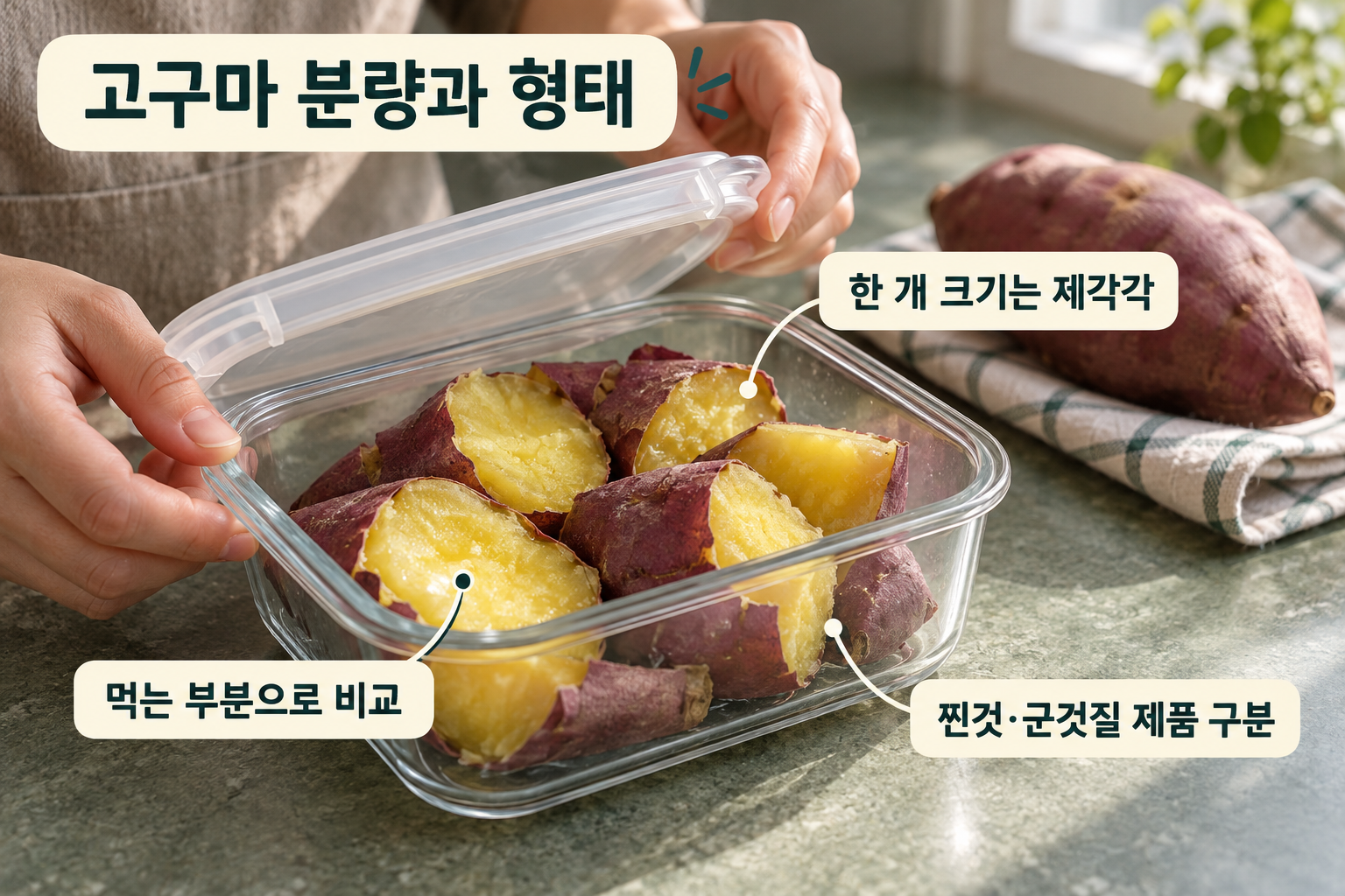 서로 크기가 다른 고구마와 찐고구마 조각 접시. 고구마 한 개와 100g은 같지 않으며, 찐고구마 먹는 부분 100g의 열량163kcal&middot;식이섬유3.8g&middot;칼륨428mg을 비교 기준으로 제시합니다.